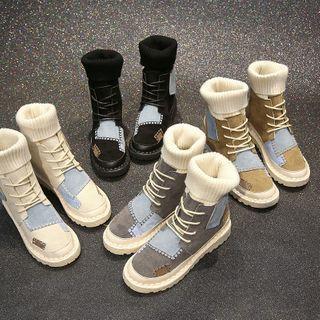 Contrast Applique Knit Panel Lace-up Short Boots