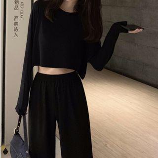 Plain Long-sleeve Crop Top / High-waist Wide-leg Pants
