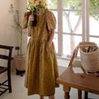 Puff-sleeve Polka-dot Dress Mustard Beige - One Size