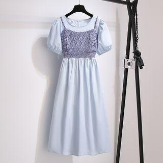 Set : Floral Bow Camisole + Short-sleeve Plain Dress