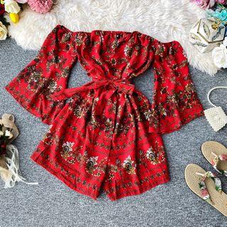 Tie-waist Printed Off-shoulder Playsuit