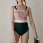 Spaghetti Strap Houndstooth Panel Swimsuit