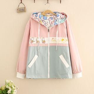 Rabbit Embroidered Color Block Hooded Zip-up Jacket Pink & Airy Blue - One Size
