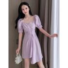 Puff-sleeve Tie-waist Asymmetric Hem A-line Dress
