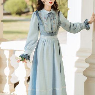 Long-sleeve Tie-neck Floral Embroidered Midi A-line Dress