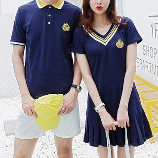 Couple Matching Striped Short-sleeve Polo Shirt / Plain Shorts / Pleated-hem Short-sleeve T-shirt Dress