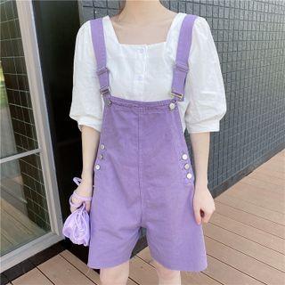 Set : Square-neck Short-sleeve Shirt + Dungarees 2-piece Set
