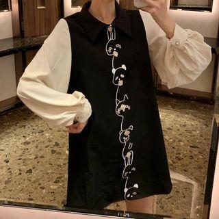 Cartoon Embroidered Balloon-sleeve Collared Dress Black - One Size
