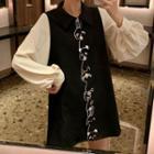 Cartoon Embroidered Balloon-sleeve Collared Dress Black - One Size