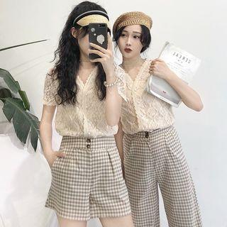 Lace Buttoned Tank Top / Short-sleeve Lace Top / Plaid Shorts / Plaid Wide Leg Pants