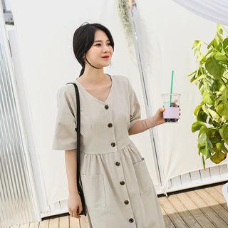 V-neck A-line Midi Shirtdress