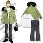 Embroidered Pullover / Hooded Padded Coat / Boot-cut Jeans