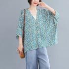 3/4-sleeve Floral Print Buttoned Blouse As Shown In Figure - One Size