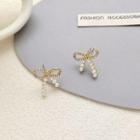 Bow Rhinestone Faux Pearl Alloy Earring 1 Pair - Dangle Earring - Bow - Gold & White - One Size