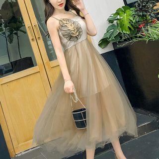 Leaf Detail Mesh Panel Spaghetti Strap Midi A-line Dress