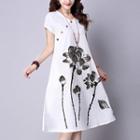 Floral Print Short-sleeve Linen-blend Dress