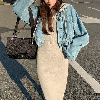 Midi Hoodie Dress / Cropped Washed Denim Jacket