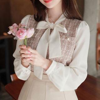 Tie-neck Tweed-panel Top
