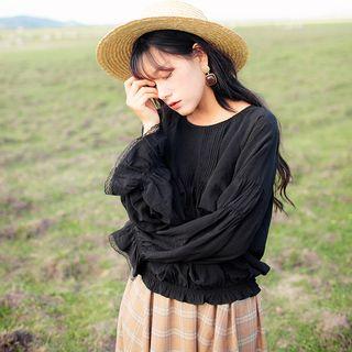 Lace Trim Bell-sleeve Long-sleeved Loose-fit Plain Blouse