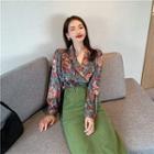 Long-sleeve Double-breasted Floral-print Shirt / Midi Skirt