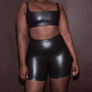 Set: Faux Leather Cropped Tank Top + Faux Leather High Waist Shorts