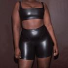 Set: Faux Leather Cropped Tank Top + Faux Leather High Waist Shorts