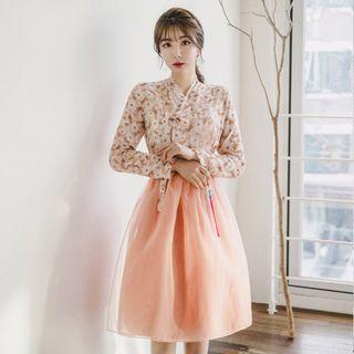 Set: Hanbok Top (floral / Brown) + Skirt (midi / Orange Brown)
