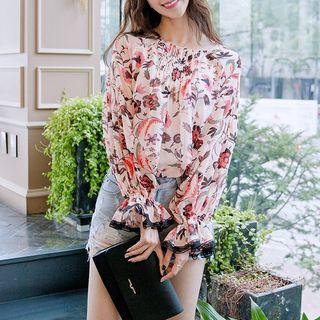 Ruffle Long-sleeve Floral Chiffon Top