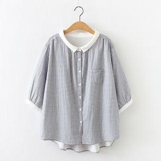 Elbow Sleeve Plaid Shirt Black & Whiet - One Size