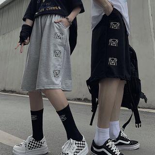 Elastic-waist Cartoon Bear Straight Leg Shorts