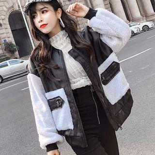 Fleece Panel Faux Leather Zip Jacket