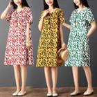 Short-sleeve Leaf Print Midi Dress