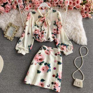 Set: Bow Neck Rose Print Blouse + Skirt