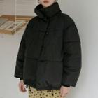High-neck Snap-button Padded Jacket Black - One Size