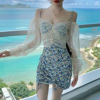 Long-sleeve Mesh Top / Floral Print Spaghetti-strap Mini Sheath Dress