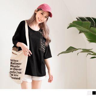 Studded Pocket Elbow Sleeve Loose T-shirt