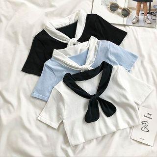 Color-block Lace-up Short-sleeve Top