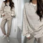 Drop-shoulder Stripe Sweatshirt Beige - One Size