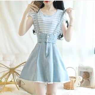 Set: Short-sleeve Striped T-shirt + Frayed Hem A-line Mini Denim Suspender Skirt