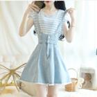 Set: Short-sleeve Striped T-shirt + Frayed Hem A-line Mini Denim Suspender Skirt