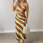 Set Of 2 - Halter Neck Striped Crop Top + Skirt