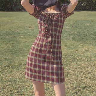 Square Neck Lace-up Puff-sleeve Dress