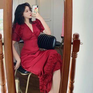 Ruffle Trim Short-sleeve V-neck Midi Sheath Dress