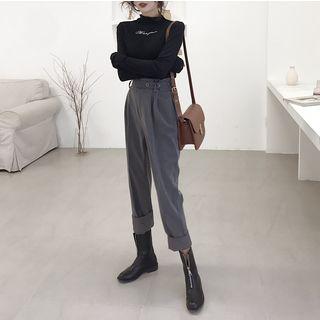 Lettering Mock-neck Long-sleeve Top / High-waist Harem Pants