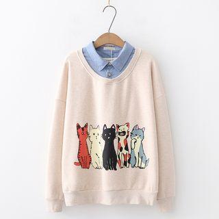 Mock Two-piece Cat Printed Sweatshirt