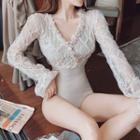 Set: Lace Panel Long-sleeve Swimsuit + Cover Up