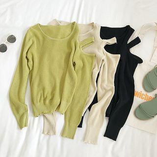 Plain Cutout Long-sleeve Knit Top
