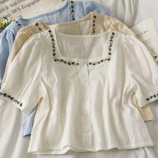 Puff-sleeve Embroidered Crop Shirt