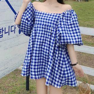 Off Shoulder Puff-sleeved Plaid Dress Blue - One Size