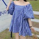 Off Shoulder Puff-sleeved Plaid Dress Blue - One Size